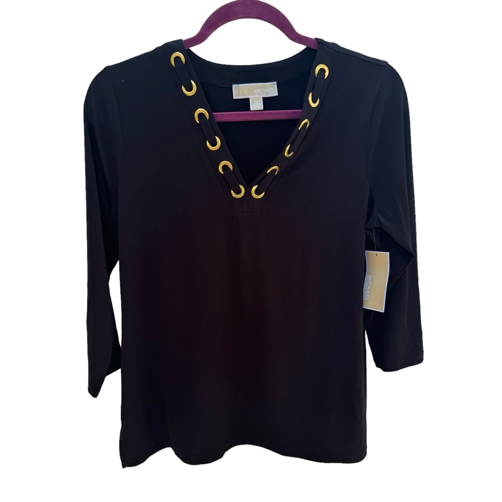 Michael Kors -- Long Sleeve Black Blouse with Gold Detailing -- 3/4 Sleeves
